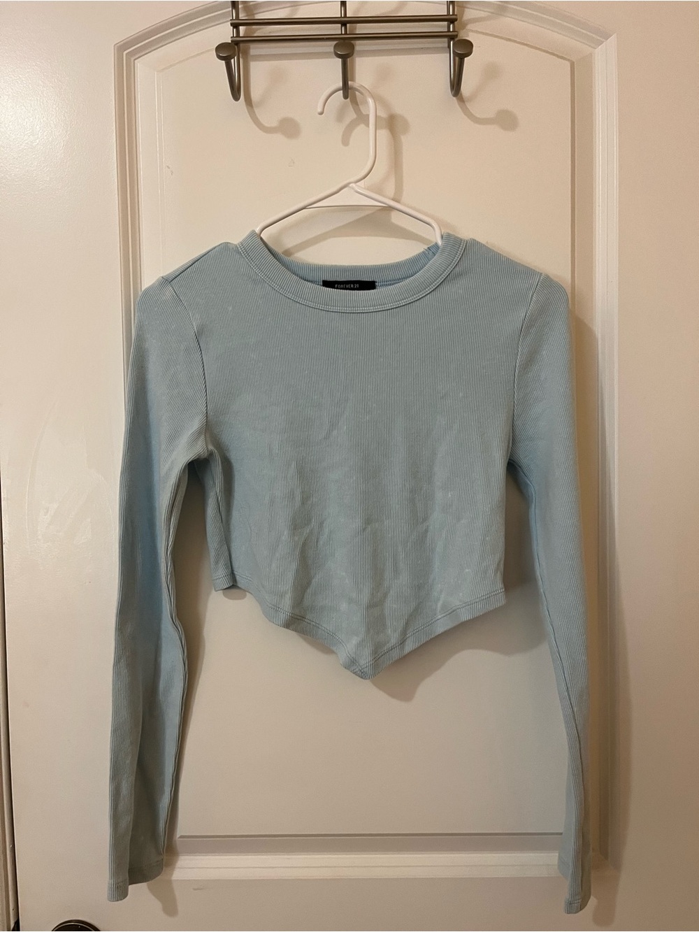 Forever 21 Pale Blue Ribbed Pointed-Hem Long Sleeve Tee